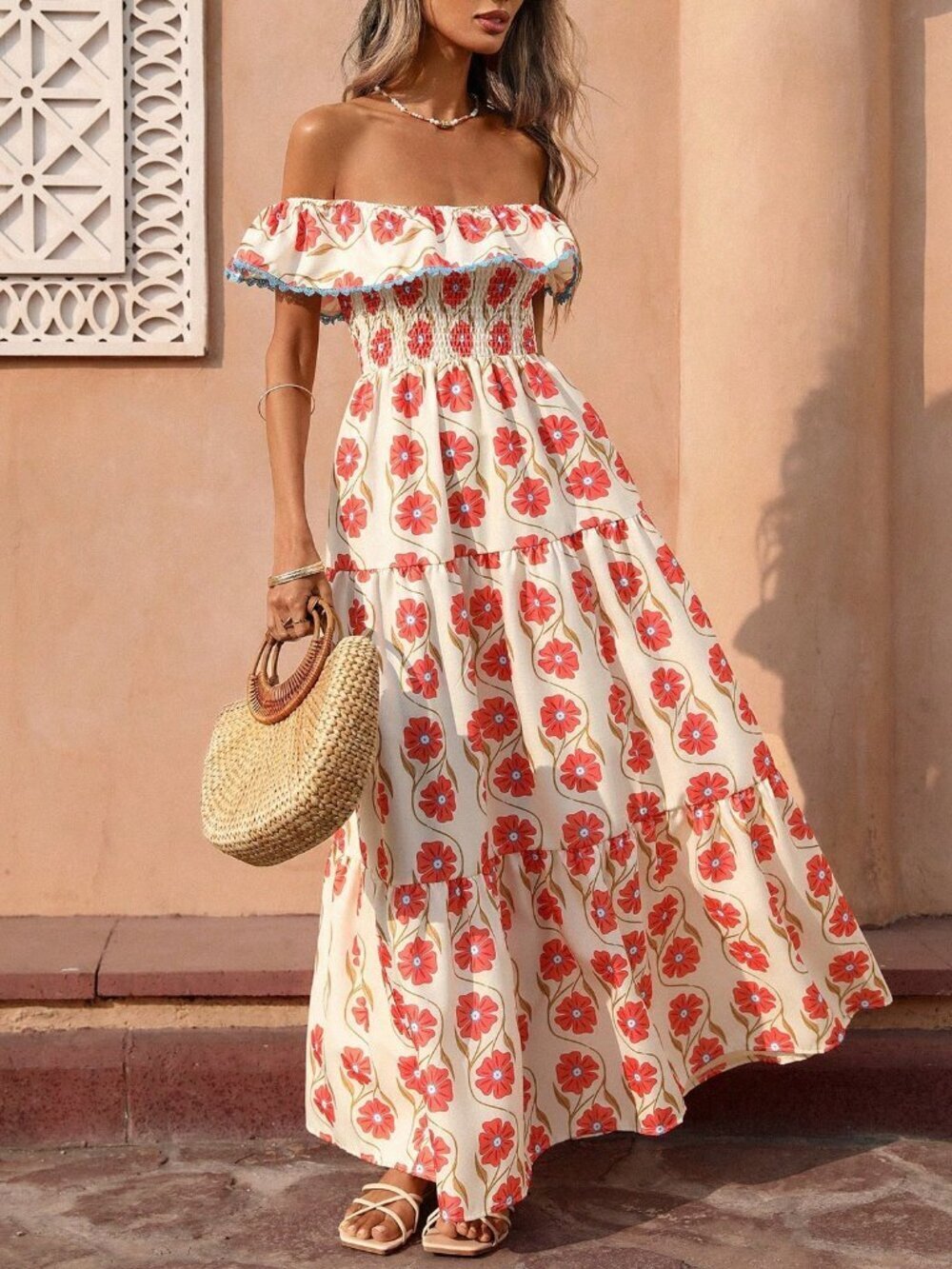 Multicolor Boho Women's Square Neck Flutter Sleeve Dress